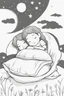 Placeholder: Little girls sleeping under a crescent moon with crescent-shaped pillows and blankets. Use crescent moons for the sleep accessories and a serene night sky.,very happy , Colloring page for todlliers ; basic hawali style cartoon , black and white , ink outlines , , smooth , anime style , minimalist , cute eyes , full body , white shose , sketchbook , realistic sketch , free lines , on paper , character sheet , clean line art high detailed