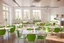 Placeholder: A 3D hyperrealistic 3D image in 4K resolution of a modern party and birthday room (about 100 sq m) with arranged tables, french windows , green chairs, lots of light and a kitchenette.