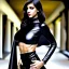Placeholder: Ultra realistic, beautiful woman, 6-pack abs, slim waist, curvy, long hair, black and gold, white eyes, leather outfit, black cape