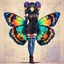 Placeholder: Hand drawn technical,full body portrait illustration , with detailed blueprints and engineering schematics of a walking hybrid Madagascan sunset moth insect girl, in anime style, with highly detailed facial features, drawings, and technical notation, 8k, vibrant natural colors