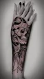 Placeholder: Tattoo on white paper, anatomical coffee, bright brown drawing, black paint strokes on background, large black strokes background, polka dot pattern