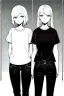 Placeholder: two girls dressed in jeans and a T-shirt walk in the city, line arts, greyscale