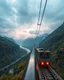 Placeholder: Long distance view Realistic Photography Panoramic style electric sky rain, atmospheric beautiful electric sky train, rides in stunning river and mountain landscape, mountain gorge, bright color palette, high detail, perfect composition, cinematic shot, intricate details, hyperdetail