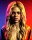 Placeholder: portrait, Shakira, blonde artist, angry, Realistic image, MMA robe, hoodie, mouthguard, nose, band aid, loose long hair, eyes make up, line gold make up, glow, circle iris. Rain, fog, Neon colors, leds. Dark background, photo studio, concept art, smooth, unreal engine 5, god lights, ray tracing, RTX, lumen lighting, ultra detail, volumetric lighting, 3d, finely drawn, high definition, 4k.