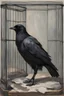 Placeholder: black and grey Norwegian crow with a broken wing, sitting in a cage, by Monet