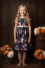 Placeholder: full body portrait - extremely beautiful 8-year-old girl, Long, wavy blonde hair, blue eyes, wearing a flowered dress, posing for her school pictures - smiling, facial makeup, dark, stained wood panel wall in the background with an assortment of floral arrangements, a bed, a dresser, and a window, professional quality studio 8x10 UHD Digital photograph by Scott Kendall - multicolored spotlight, Phot