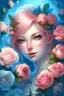 Placeholder: bright fairy, rose hair, etheric, blue eyes, roses