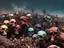 Placeholder: a picture of a dark, comedic, anatomically correct wall of colorful tightly packed stacked cyborg skulls of varying sizes and expressions, photo realistic, insanely meticulous, highly detailed, part of a collection of bones on display, 64k, dystopian, vray