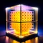 Placeholder: futuristic translucent neurocube, inside the cube there are perpendicular partitions of honeycomb plates, ambient lighting