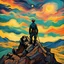 Placeholder: un montañista en la cima de una montaña observando el cielo de colores al estilo de vicent van gogh