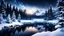 Placeholder: A stunning nightly winter landscape , showcases a serene lake covered in pristine snow. The scene features a breathtaking matte painting with a naturalistic setting, surrounded by a lush winter forest of coniferous trees. The snowy background and white trees create a picturesque and enchanting atmosphere, making it a trending favorite.,dramatic scene