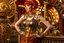 Placeholder: a skinny Cleopatra, with a bob red hairstyle, standing in a steampunk setting.