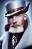 Placeholder: White skin bald man with brown beard and blue eyes in elegant coat and hat