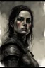 Placeholder: A formidable warrior girl in black armor, on the background Amazing gloomy landscape, flooded with sunset, mountains, trees, fabulous scary hero, , juicy emotions, painting, dark fantasy, gloomy day, dark world, portrait, A Quick Pencil Sketch Of A Portrait Of A 20 Years Old Woman; By Alex Maleev