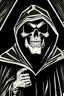 Placeholder: 1970s goofy character of a skull face character wearing a black hooded cloak, drawn in a early animation style, inside a lighter diamond shape on a black background, monochromatic