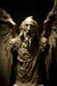 Placeholder: sculpture of a old man with big wings. Multiple faces , Raising his hand upwards. decayed and rotting with grotesque proportions and imagery. abstract grotesqueries, detailed texture, surreal horror, biomechanical design, by hr giger and beksinski