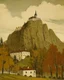 Placeholder: A brown mountain with a fortress designed in Scandinavian folk art painted by Maurice Utrillo