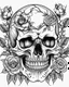 Placeholder: realistic skull with roses tattoo idea, line art, background, vector, svg, black outline on white background, leave plenty of white space beetween lines for coloring, tattoo style, tattoo idea,full body