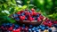 Placeholder: A summer picture with freshly picked forest berries (lingonberry, blueberry, raspberry)