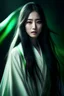 Placeholder: portrait of a beautiful korea lady, long straight black hair, delicate, tender, green eyes, pure, dressed in white windy robes, standing in a circus, realistic, sexy, cinematic lighting, highly detailed face, very high resolution