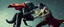 Placeholder: werewolf vs vampire cyberpunk action scene, acrobatic dodge, cape, all seen drown on isometric grid, wolf giving him the biggest stomach punch