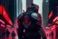 Placeholder: a cyberpunk guard standing in a city street, black armor, with red highlights, gray cyberpunk city background