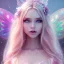 Placeholder: beautiful, soft, big smile face, whole head, long straight blonde hair blues eyes, crown on the head, clothing in transparent bluish and pink veil,fairy wings on the back, background brillante bluish and pink, hight definition, 8K