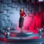 Placeholder: make a picture pretty stage made of metallic blue-gray teme 3d recursive cubic and sphere and cylinder base structures and a beautiful fashion model lady standing in scene with dark red top and pretty pleated midi skirt ,makeup curvy long hair,nice high heels,dynamic camera zoom to full body ,dynamic lights.