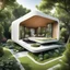 Placeholder: organic square-shaped house embedded into the beautiful garden , architectural photography, style of architecture, modernist architecture, sunlight, photo real