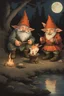 Placeholder: a gnome and a goblin eating in front of a fish fire with figure with fox mask behind, riverbank, night, moonlight,