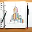 Placeholder: rich color pencil hand doodle sketch on a spiral binder notebook page, draft bubble diagram of a skyscraper in architecture