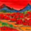 Placeholder: A red fiery Chinese village near a volcanic palace designed in Kuna Molas painted by Paul Klee