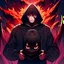 Placeholder: black hooded man silhouette, crazy red eyes