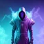 Placeholder: purple galaxy masked hooded super villain, weapons in hands, teal and purple smoke, full portrait, hyper realistic, 4k