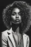 Placeholder: Black and white charcoal drawing of a beautiful black woman with a striking, edgy curly look. She has a short, modern curly hairstyle with textured layers. Her makeup is bold and dramatic, with thick eyelashes that enhance her expressive eyes and is wearing a business suit