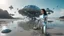 Placeholder: woman with dark hair in a silver robotic catsuit, standing on a futuristic alien beach with a crashed spaceship in the water, with mushrooms with octopus tentacles flying in the air