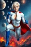 Placeholder: Karen Starr, full body, superhero landing pose, young athletic white female, crew cut bleach-blonde hair, blue eyes, thick black eyebrows, round face, semi-pointed chin, muscular build. Wearing white long-sleeved bodysuit with high collar with plunging neckline, blue elbow gloves, red belt with gold buckle, red cape, blue knee boots. Background: outer space, planets, stars, galaxies, fire, explosions, volcanic lava, craggy peaks. Photorealistic