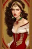 Placeholder: full body shot of A beautiful Arab woman with white skin, brown hair, long curly hair, red cheeks and lips, wearing an elegant red dress from the Victorian era, wearing a necklace and earring made of green sapphire and gold