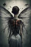 Placeholder: a haunting image of a woman with insect wings protruding from her back as she faces away from us, in despair and pain, her wings that are broken torn and crumbling