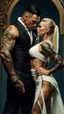 Placeholder: Jason david frank muscular male with short dark hair and tribal tattoos wearing a designer suit, whispering in ear of young blonde woman wearing white dress. fantasy, hyper realistic