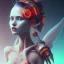 Placeholder: A beautiful portrait of a cute cyberpunk woman facing camera orange color scheme, high key lighting, volumetric light high details with white stripes and feathers