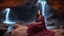 Placeholder: Hyper Realistic Photographic Outside View Of A Gorgeous Pashto Girl (Wearing Simple Light-Maroon Colored Dress & Wearing Plain Maroon Dupatta On Her Neck) Happily Sitting & Smiling Boldy In A Cave & Showing Her Long Black Hair & her Legs Are In The Lakewater With Waterfall View Outside, With Heavy Rain Outside Cave At Dark Night Showing Dramatic & Cinematic Ambiance.