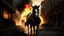 Placeholder: photorealistic, a horse in flames running down a victorian street, Apocalyptic, photo-realistic, cinematic, human corpses are slumped over burning rubble on either side of the road