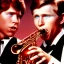 Placeholder: REd-haired ron howard as richie from happy days Is playing the saxophone with his "eyes closed", rock band, saxophone lips