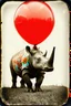 Placeholder: Rhinoceros avec fleurs peintes, en equilibre sur un balon rouge,, tintype