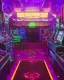 Placeholder: A dark photo of a full panoramic view an 80's aesthetics arcade at night, with a lot of functioning arcade machines, a vaporwave floor and some colorful tiles in between the floor. Purple aesthetics.