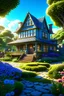 Placeholder: Pixar studio ghibli beautiful victorian house, gnomes on garden, eldritch, stone architecture, water fall, lovecraftion, colourful wild flowers, fantasy, cinematic footage, photorealism, hydrangeas around house hills fantasy land beautiful flower landscape alien world puffy trees, stylized painting, 3d 4k octane render, lifelike, photorealistic, artstation, illustration, smooth, sharp focus, ornate, intricate, complex, highly detailed, digital painting, smooth, art by tom bagshaw, akihiko yosh