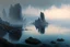 Placeholder: distant city, sea, mist, rocks, lake reflection, epic, otto pippel painting