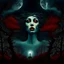 Placeholder: This haunting digital artwork depicts a surreal and dreamlike scene in a forest setting at night. The central focus is a massive, spiritual face seemingly created by swirling clouds or smoke against the background of the night sky. The face looks like a woman's, with distinct red lips and piercing eyes peering out from the stormy forms. The full moon glowed ominously behind the face, its light casting an eerie illumination on the barren trees lining the forest path below. The atmosphere is one