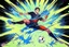 Placeholder: Oil painting, full body of a soccer player, he is kicking the ball, the ball is flying, bright but not neon colours, dynamic lines, dynamic blobs, spots, lines in the background of the character, splash like a colour explosion